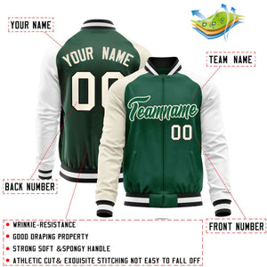 Custom Green White-Cream Varsity Full-Zip Raglan Sleeves Letterman Baseball Jacket