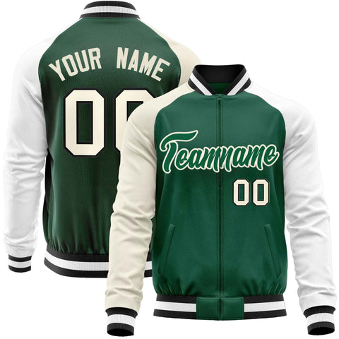 Custom Green White-Cream Varsity Full-Zip Raglan Sleeves Letterman Baseball Jacket