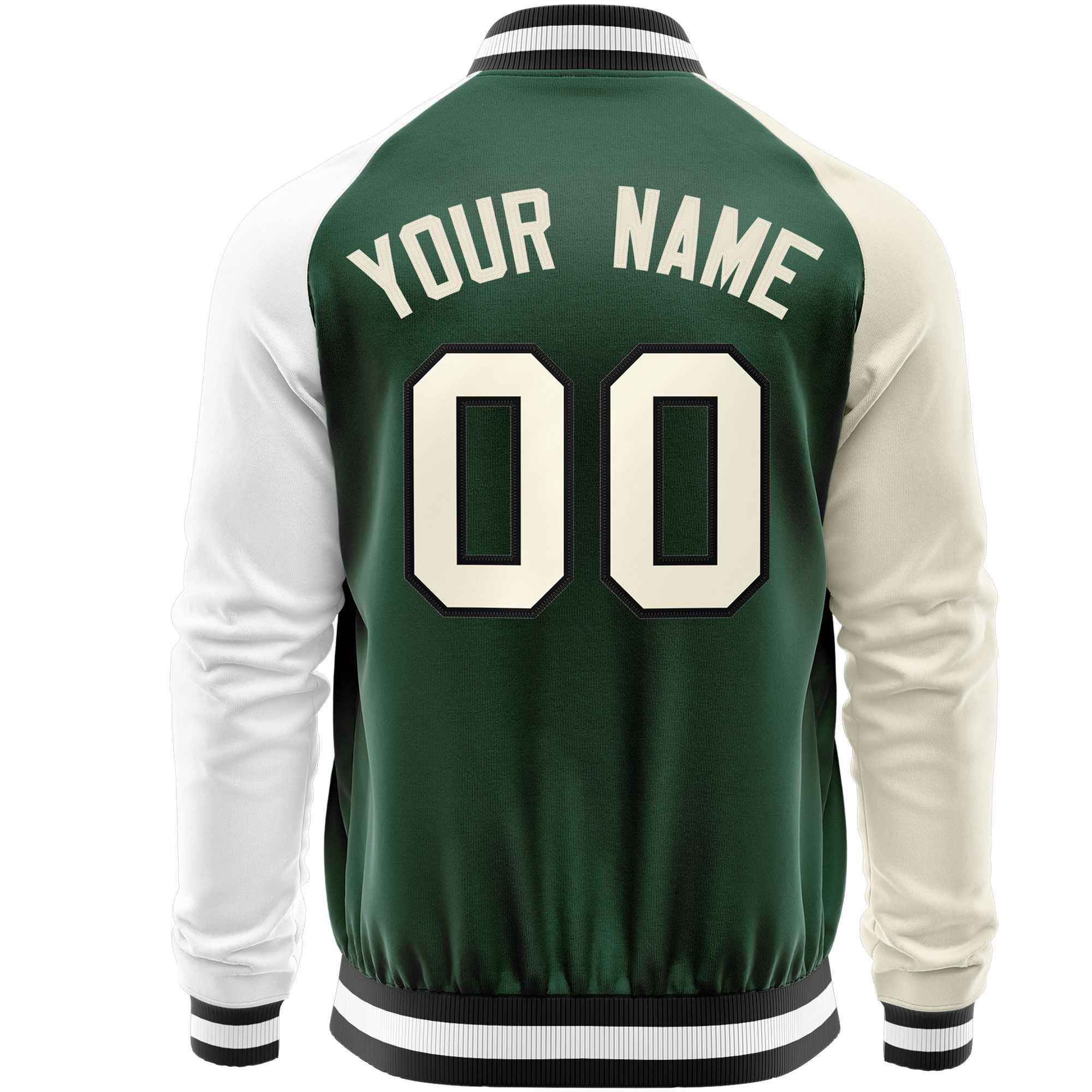 Custom Green White-Cream Varsity Full-Zip Raglan Sleeves Letterman Baseball Jacket