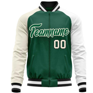 Custom Green White-Cream Varsity Full-Zip Raglan Sleeves Letterman Baseball Jacket