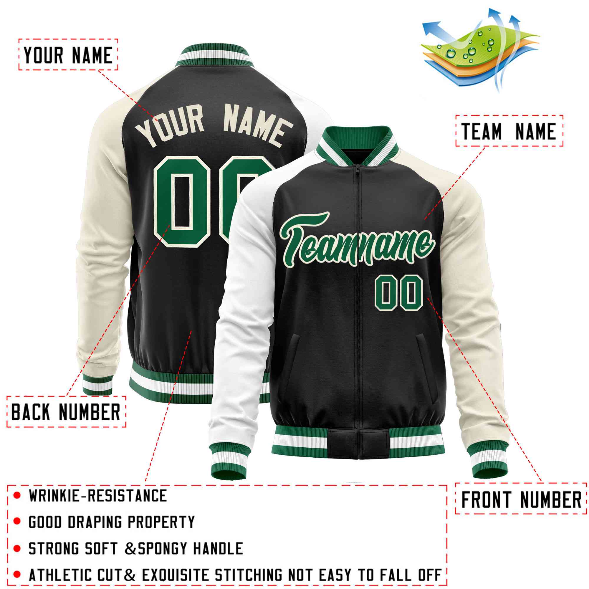 Custom Black Cream-White Varsity Full-Zip Raglan Sleeves Letterman Baseball Jacket