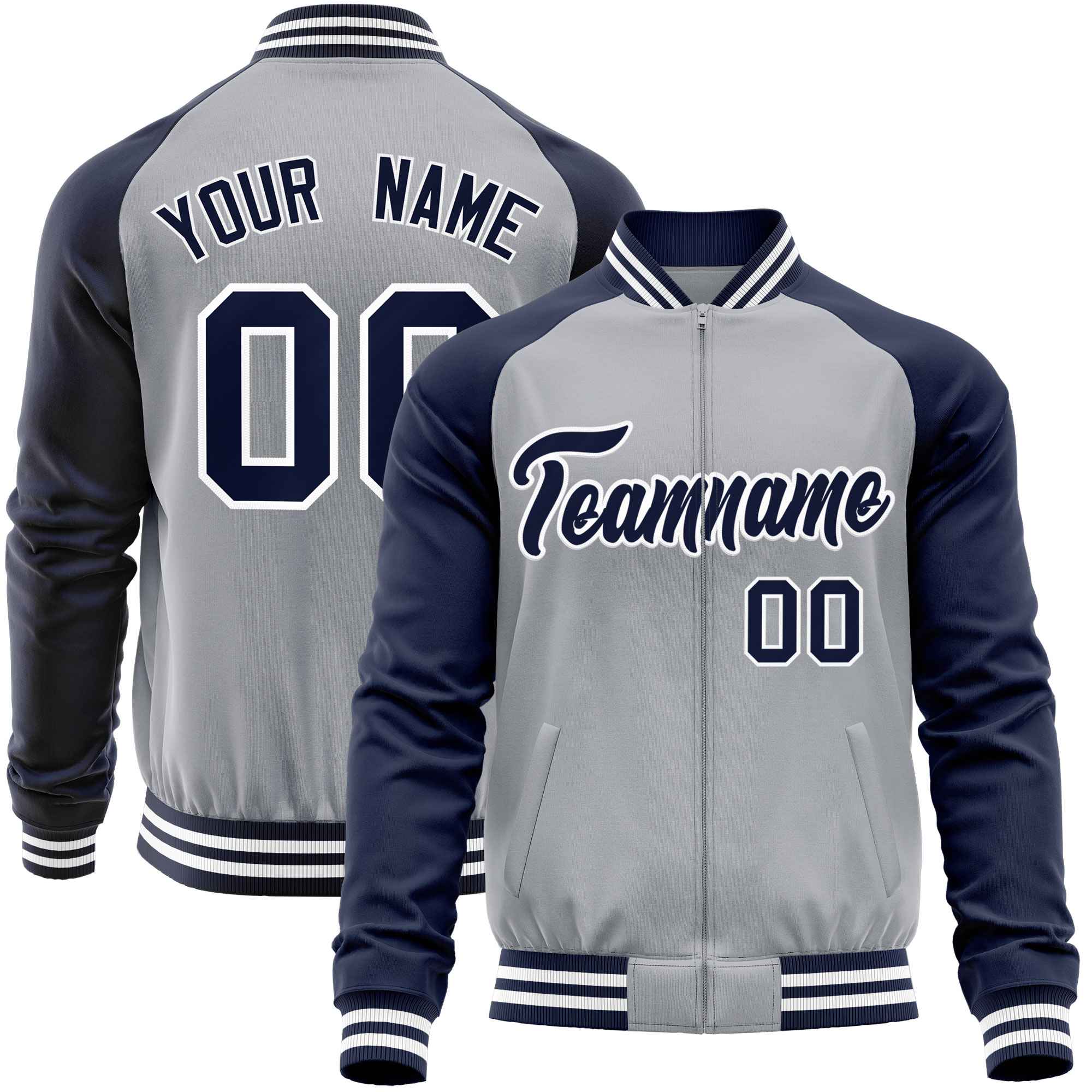 Custom Light Gray Navy Varsity Full-Zip Raglan Sleeves Letterman Baseball Jacket