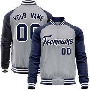 Custom Light Gray Navy Varsity Full-Zip Raglan Sleeves Letterman Baseball Jacket