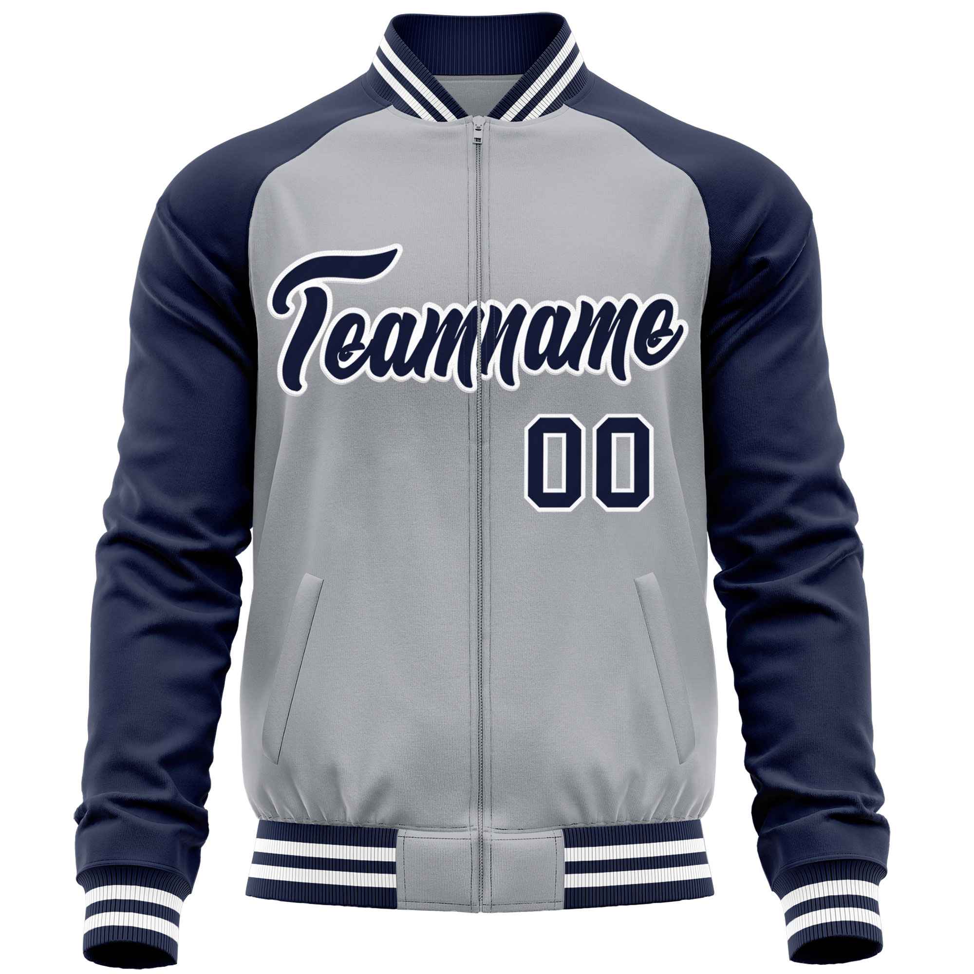 Custom Light Gray Navy Varsity Full-Zip Raglan Sleeves Letterman Baseball Jacket