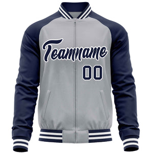 Custom Light Gray Navy Varsity Full-Zip Raglan Sleeves Letterman Baseball Jacket