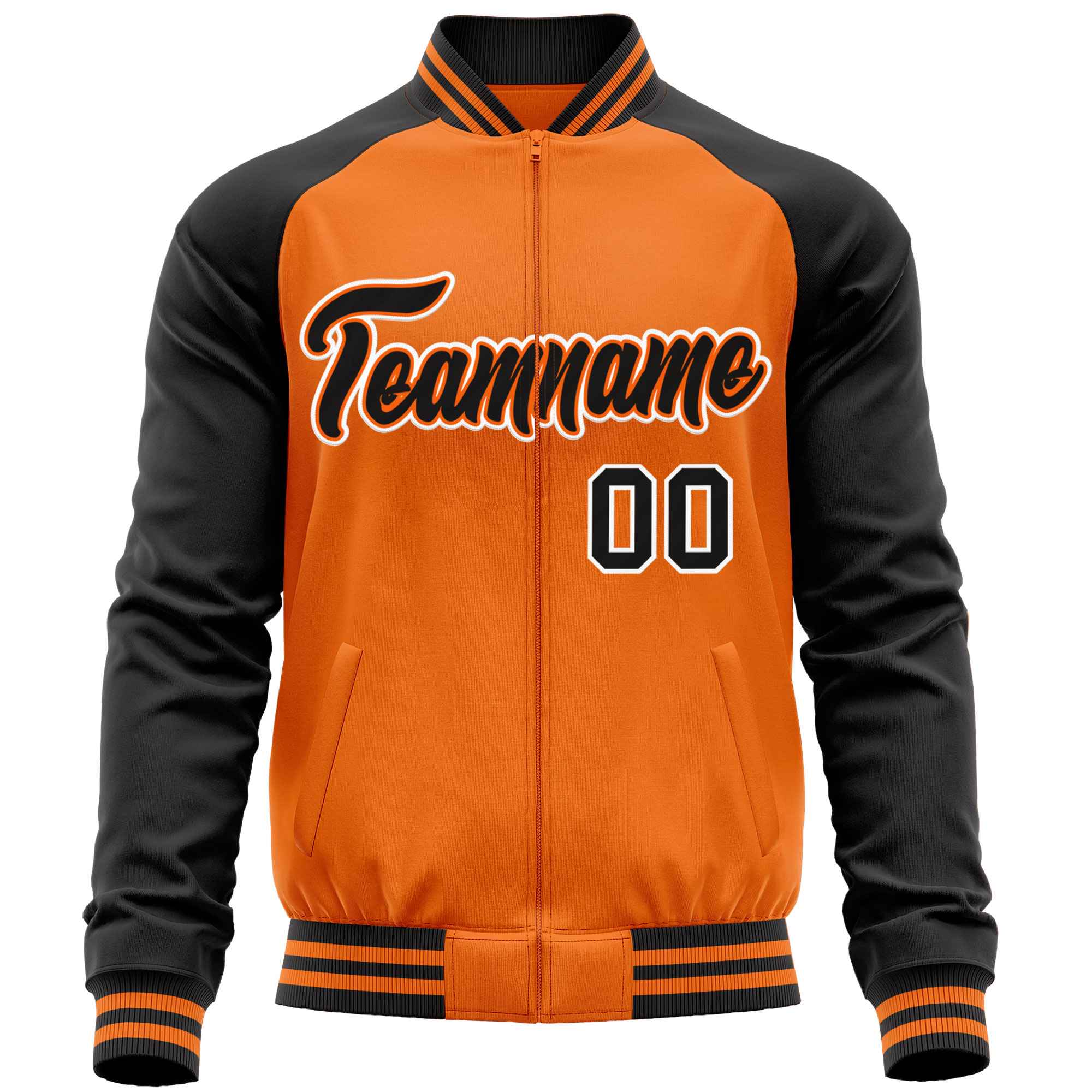 Custom Orange Black Varsity Full-Zip Raglan Sleeves Letterman Baseball Jacket