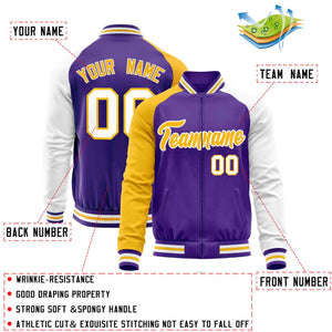 Custom Purple White-Yellow Varsity Full-Zip Raglan Sleeves Letterman Baseball Jacket