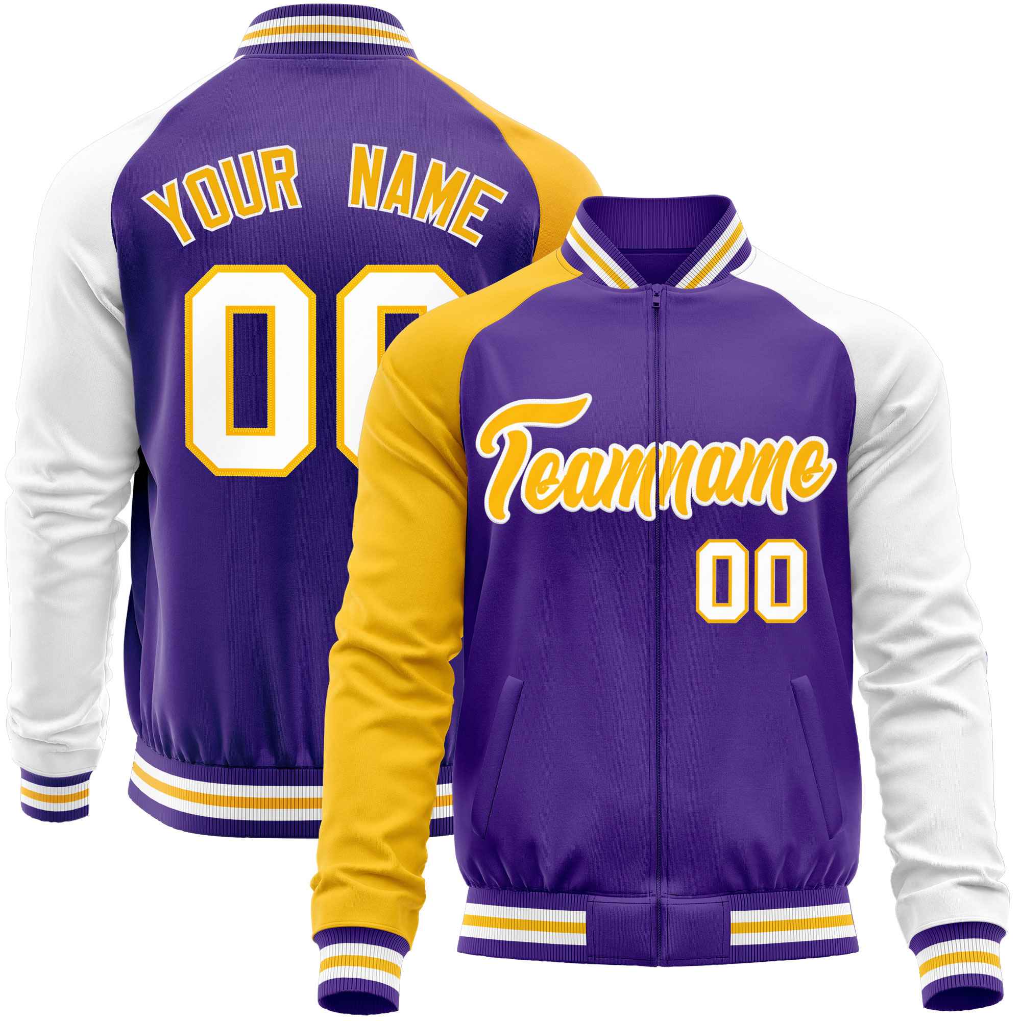 Custom Purple White-Yellow Varsity Full-Zip Raglan Sleeves Letterman Baseball Jacket