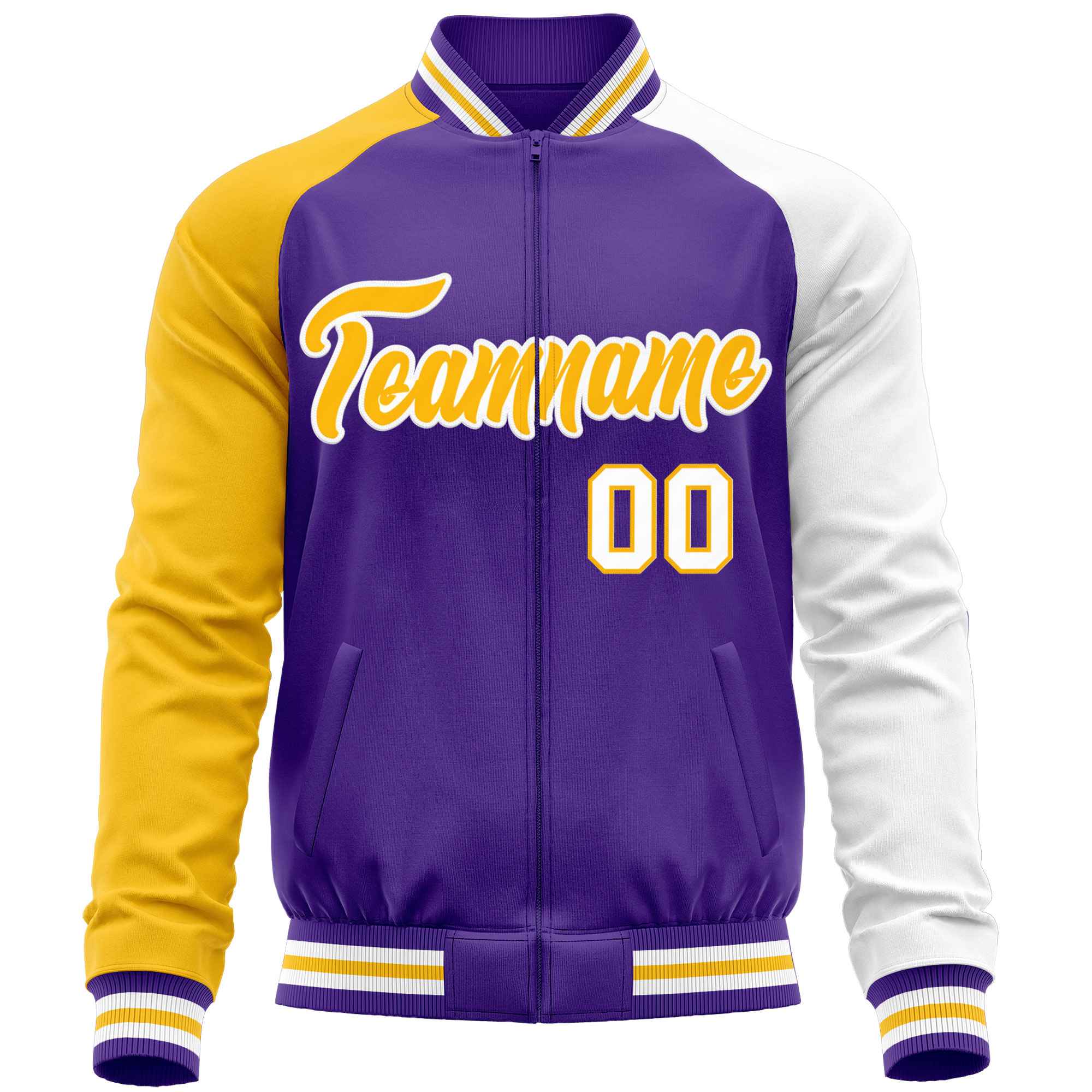 Custom Purple White-Yellow Varsity Full-Zip Raglan Sleeves Letterman Baseball Jacket