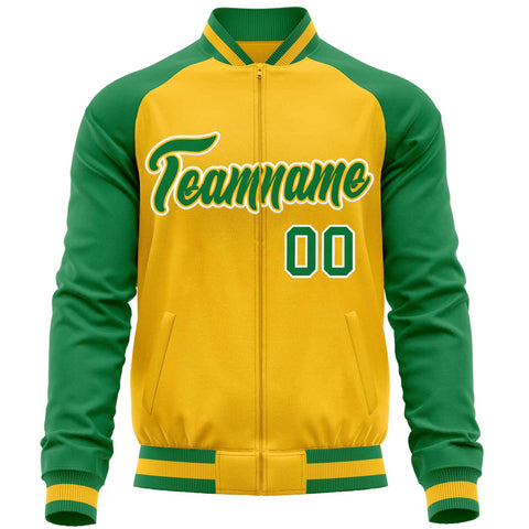 Custom Yellow Kelly Green Varsity Full-Zip Raglan Sleeves Letterman Baseball Jacket