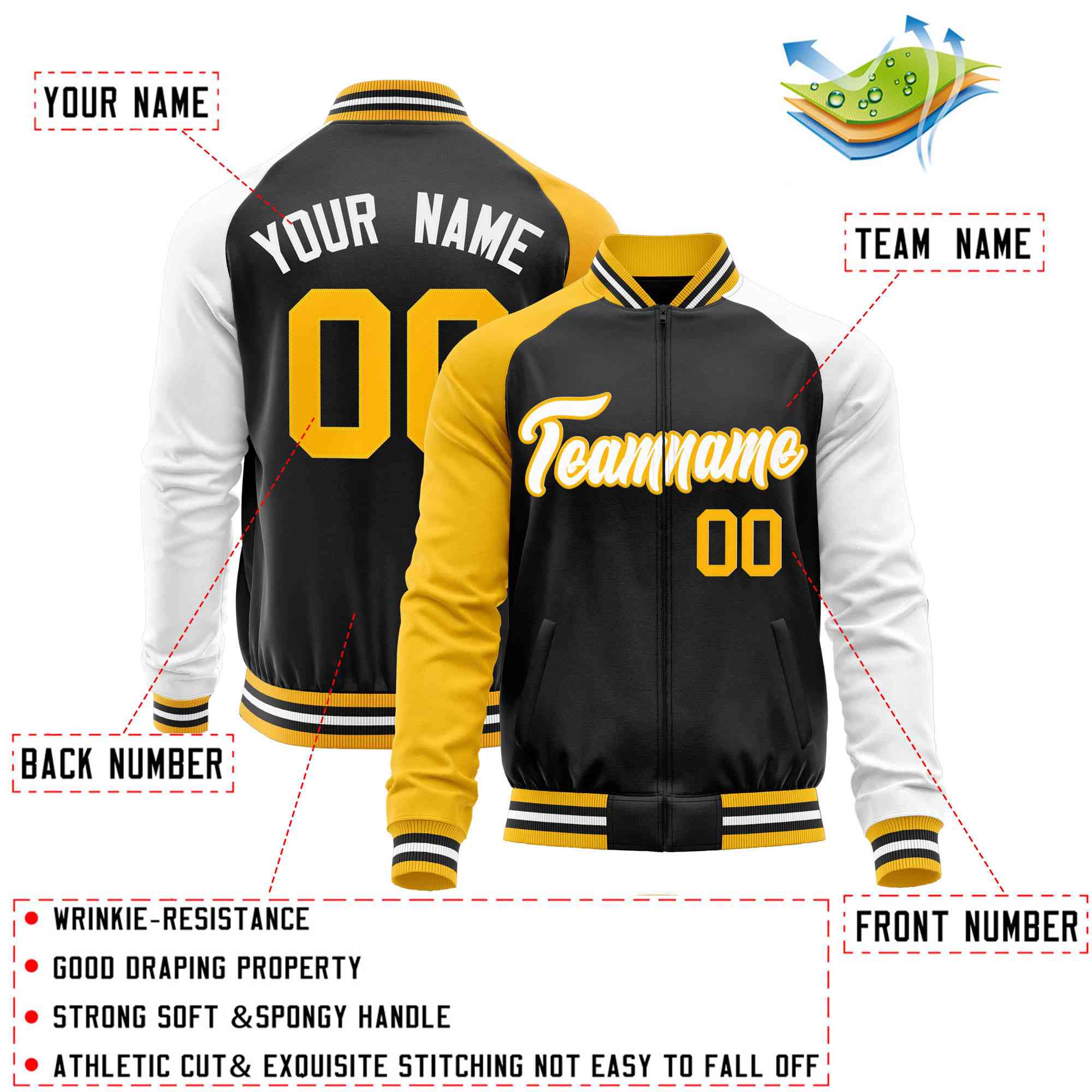 Custom Black White-Yellow Varsity Full-Zip Raglan Sleeves Letterman Baseball Jacket