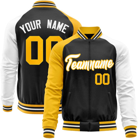 Custom Black White-Yellow Varsity Full-Zip Raglan Sleeves Letterman Baseball Jacket