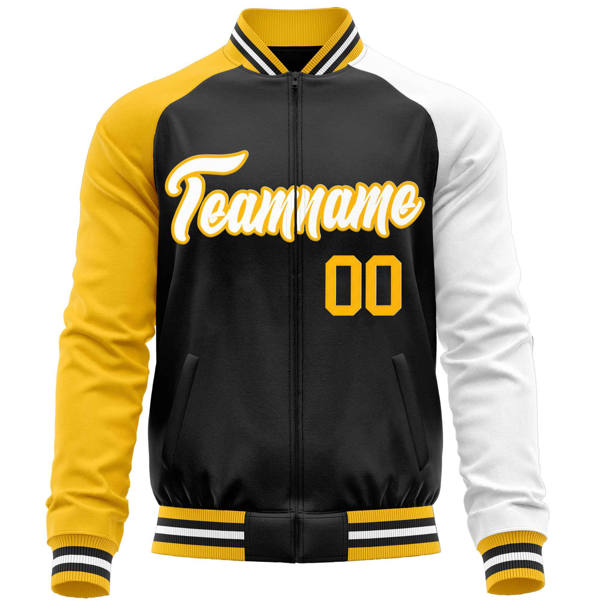 Custom Black White-Yellow Varsity Full-Zip Raglan Sleeves Letterman Baseball Jacket