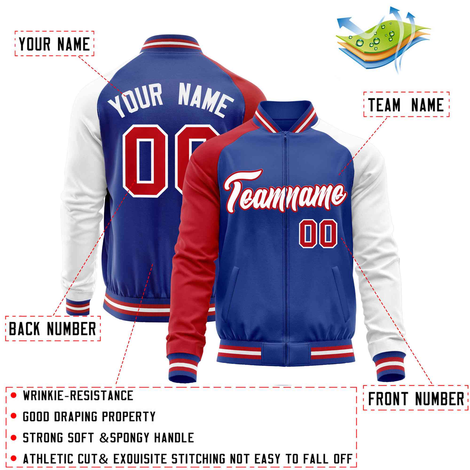 Custom Royal White-Red Varsity Full-Zip Raglan Sleeves Letterman Baseball Jacket