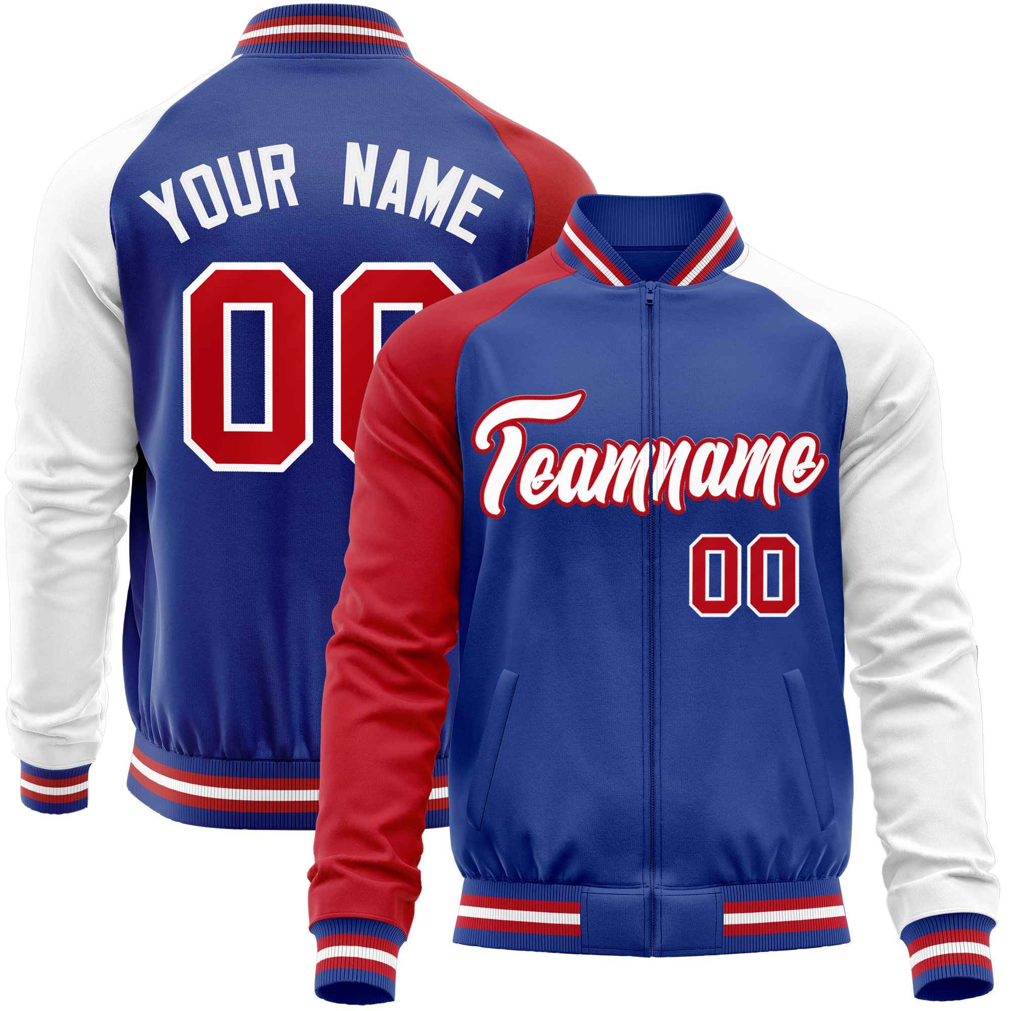 Custom Royal White-Red Varsity Full-Zip Raglan Sleeves Letterman Baseball Jacket