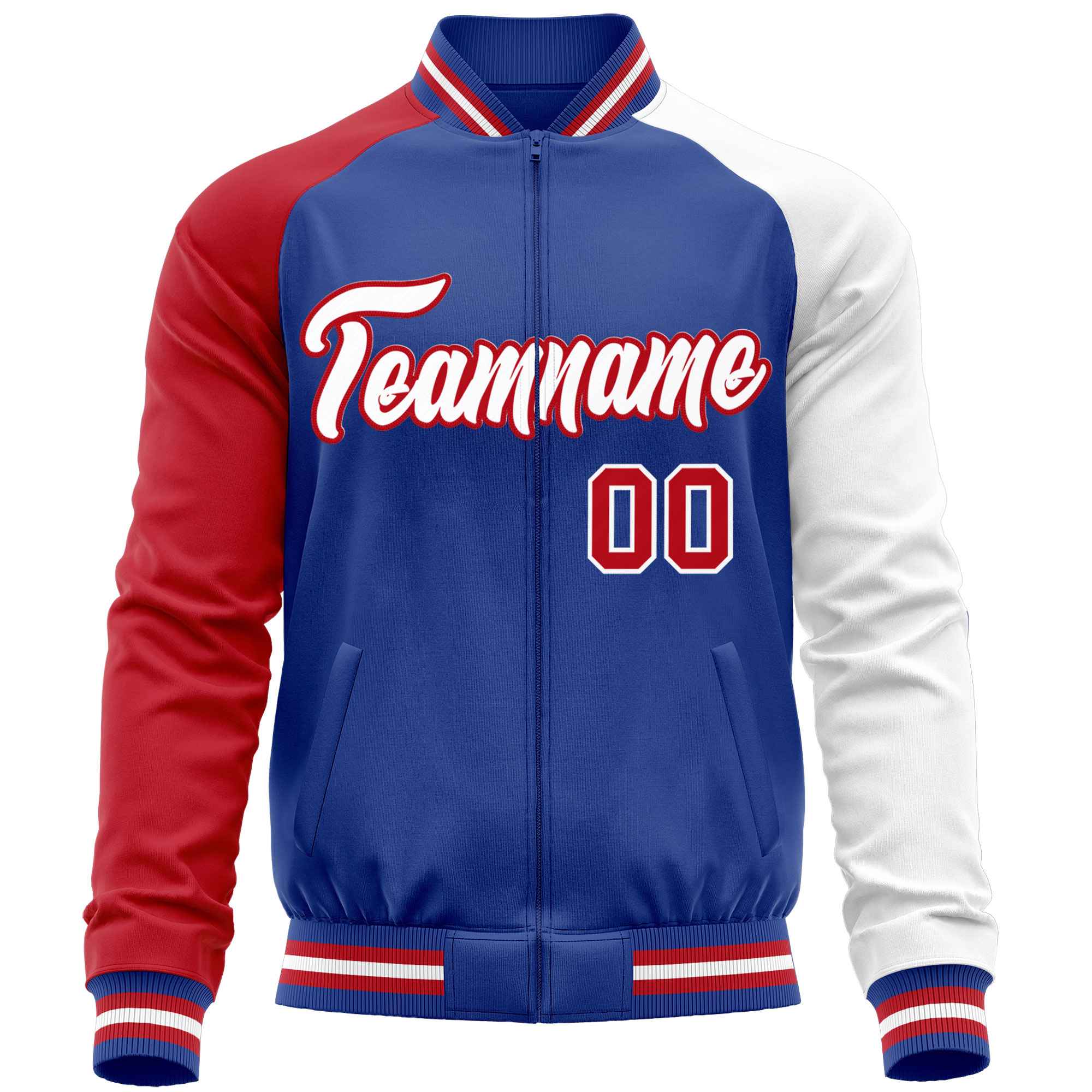 Custom Royal White-Red Varsity Full-Zip Raglan Sleeves Letterman Baseball Jacket