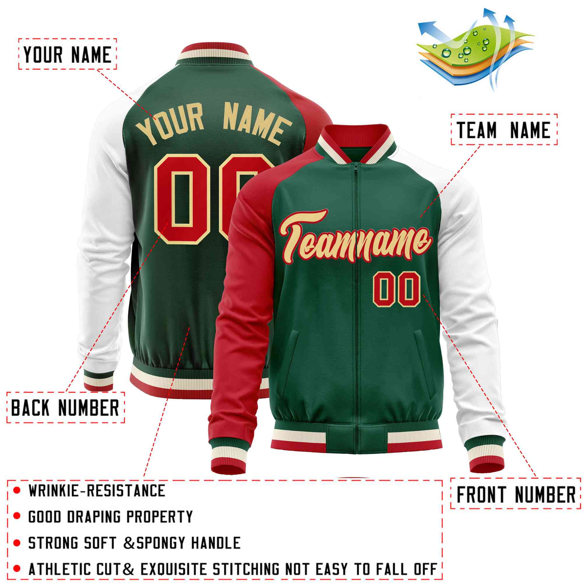 Custom Green White-Red Varsity Full-Zip Raglan Sleeves Letterman Baseball Jacket