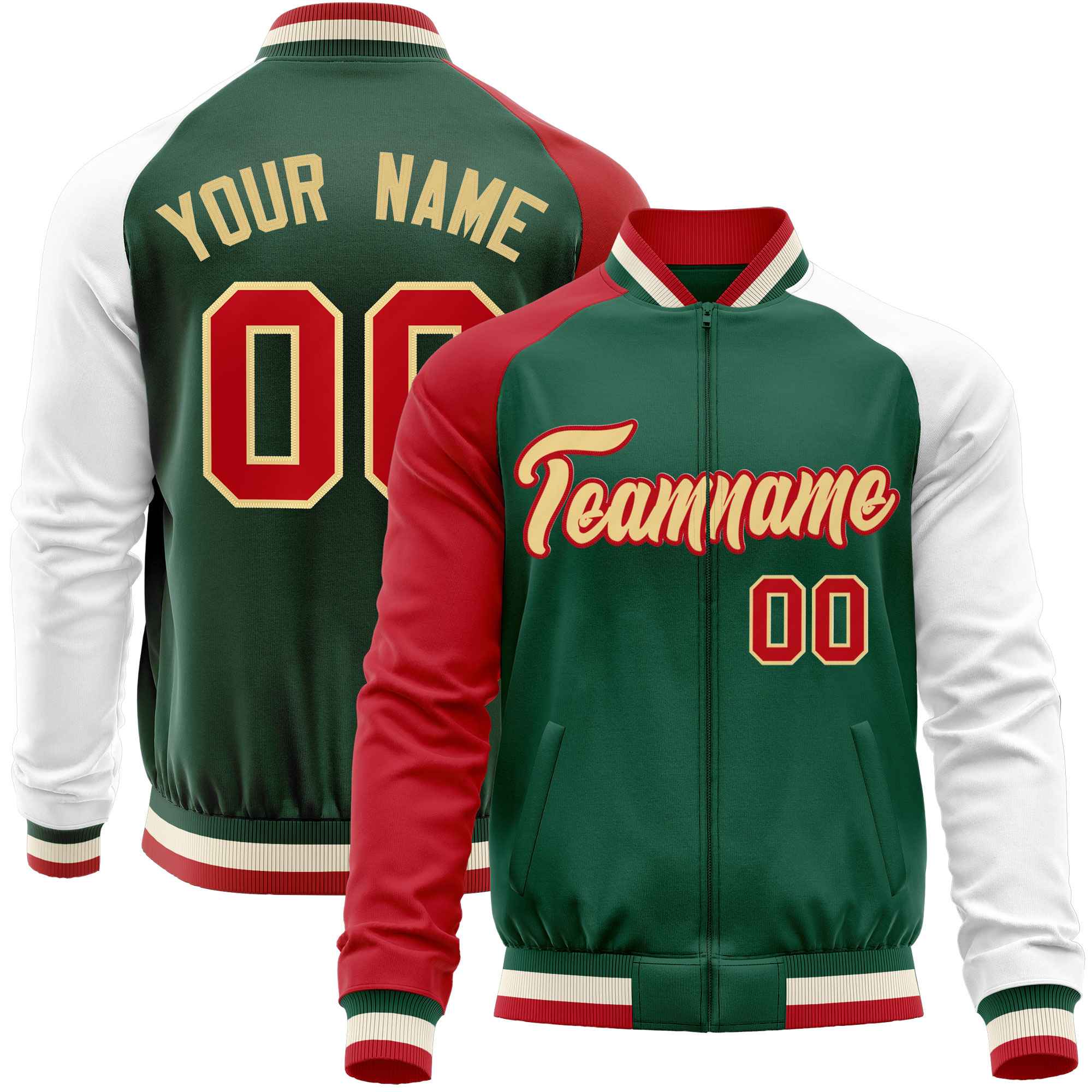 Custom Green White-Red Varsity Full-Zip Raglan Sleeves Letterman Baseball Jacket