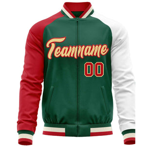 Custom Green White-Red Varsity Full-Zip Raglan Sleeves Letterman Baseball Jacket