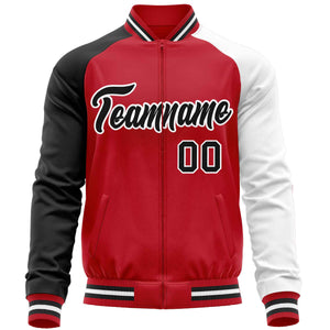 Custom Red White-Black Varsity Full-Zip Raglan Sleeves Letterman Baseball Jacket