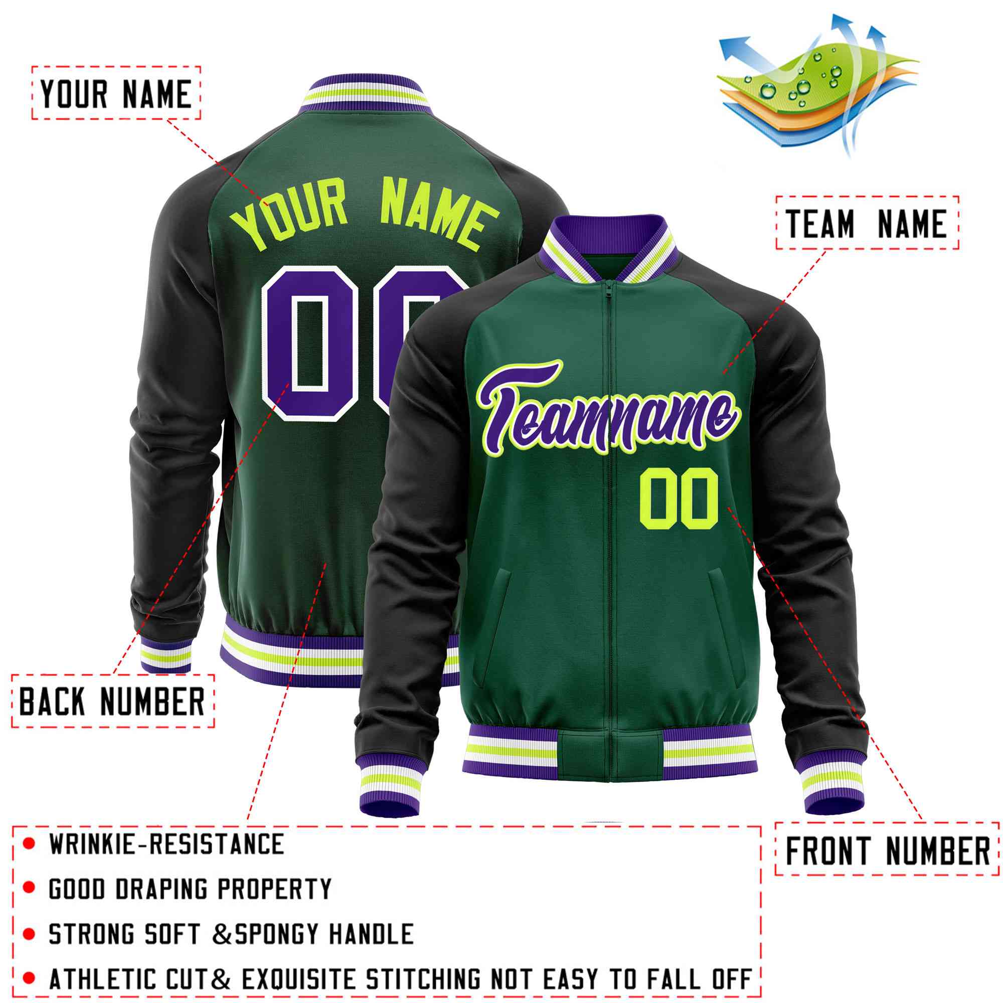 Custom Green Black Varsity Full-Zip Raglan Sleeves Letterman Baseball Jacket