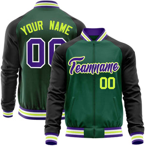 Custom Green Black Varsity Full-Zip Raglan Sleeves Letterman Baseball Jacket