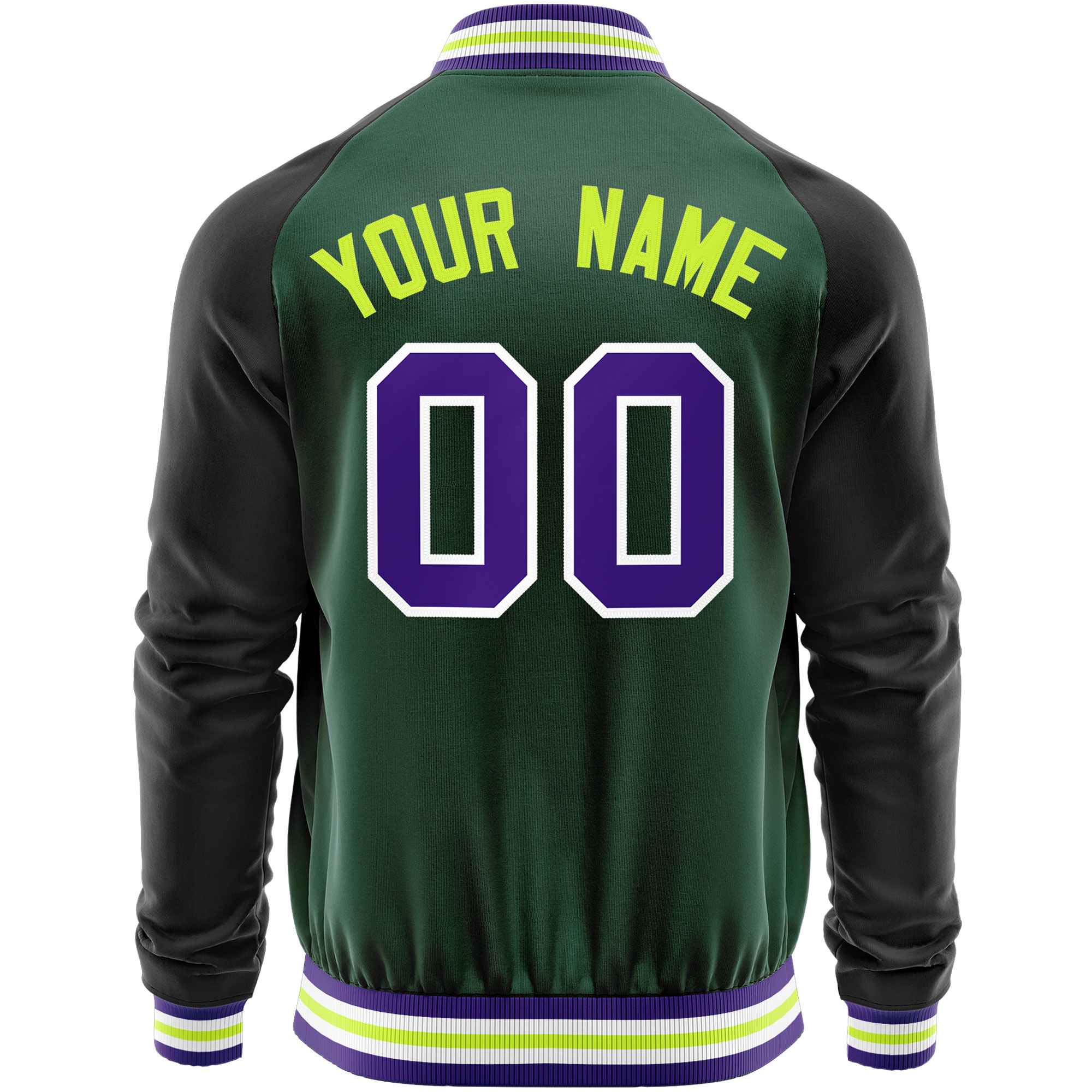 Custom Green Black Varsity Full-Zip Raglan Sleeves Letterman Baseball Jacket