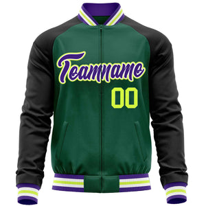 Custom Green Black Varsity Full-Zip Raglan Sleeves Letterman Baseball Jacket