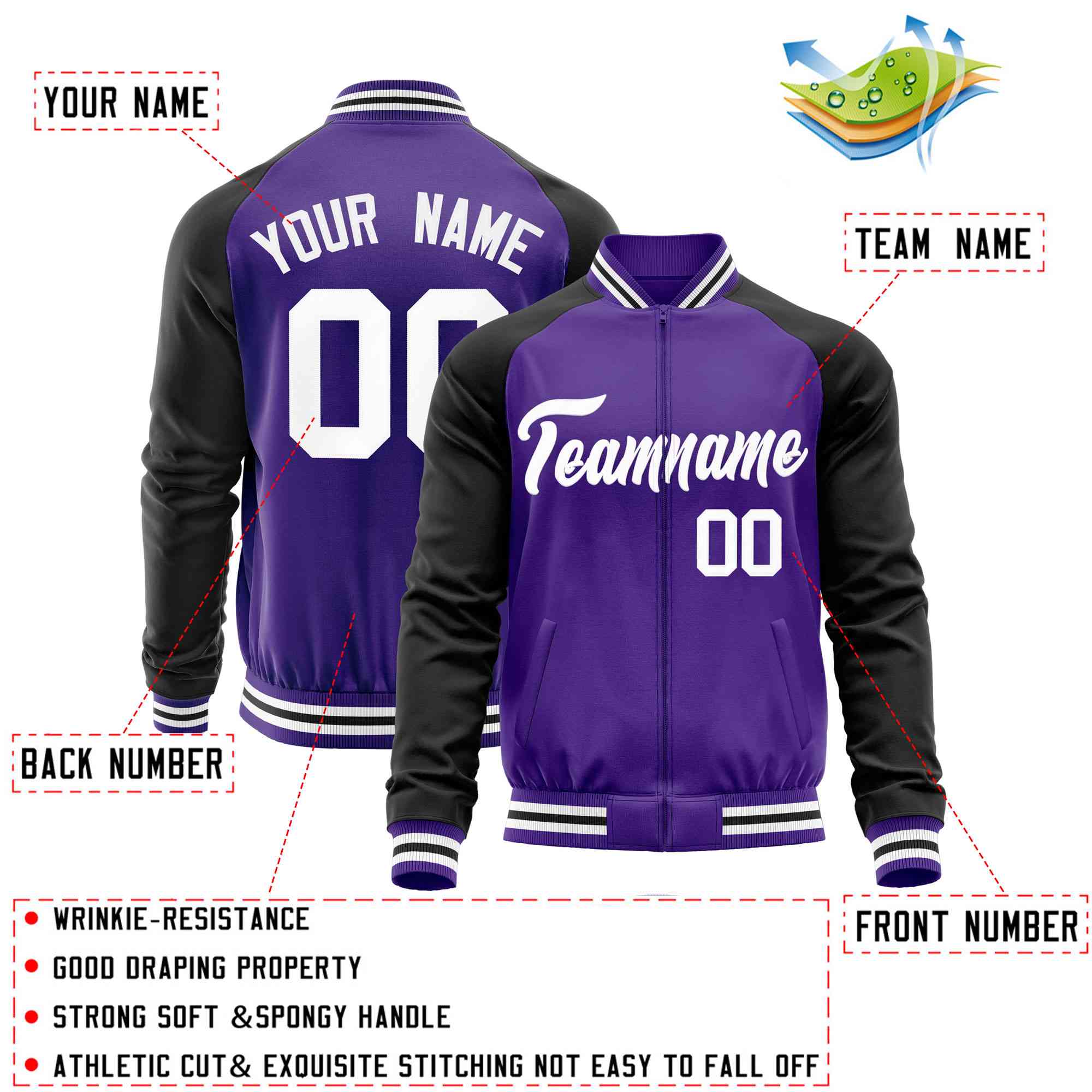 Custom Purple Black Varsity Full-Zip Raglan Sleeves Letterman Baseball Jacket