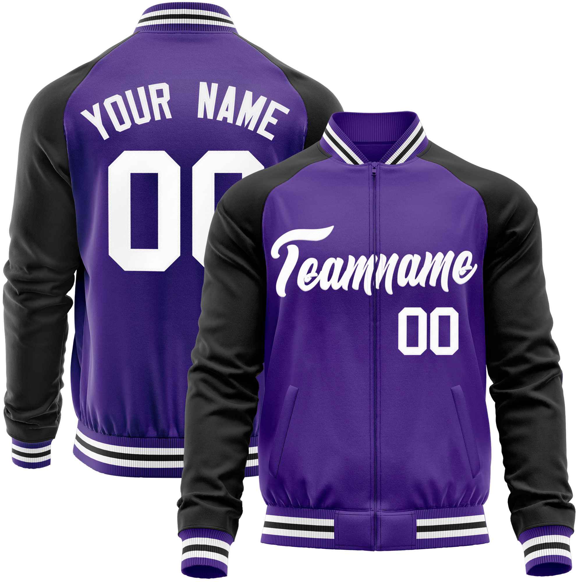 Custom Purple Black Varsity Full-Zip Raglan Sleeves Letterman Baseball Jacket