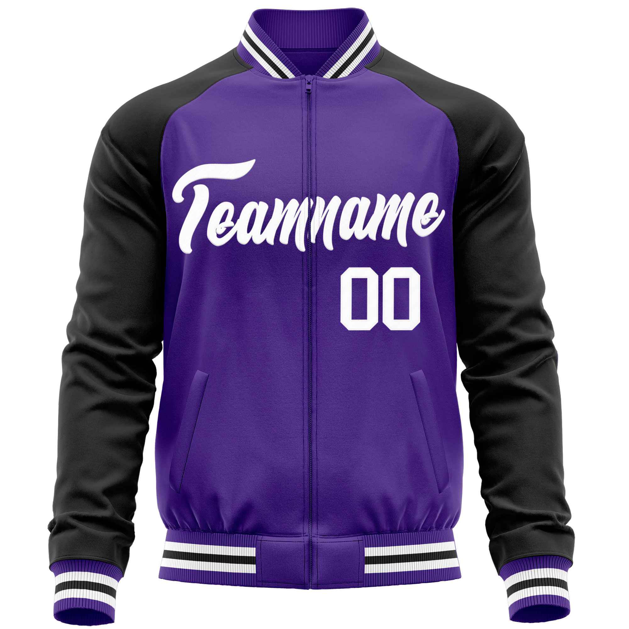 Custom Purple Black Varsity Full-Zip Raglan Sleeves Letterman Baseball Jacket