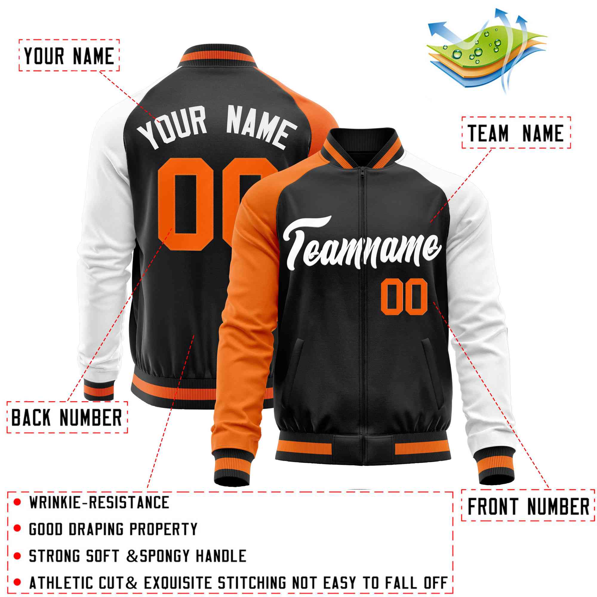 Custom Black White-Orange Varsity Full-Zip Raglan Sleeves Letterman Baseball Jacket