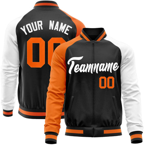 Custom Black White-Orange Varsity Full-Zip Raglan Sleeves Letterman Baseball Jacket