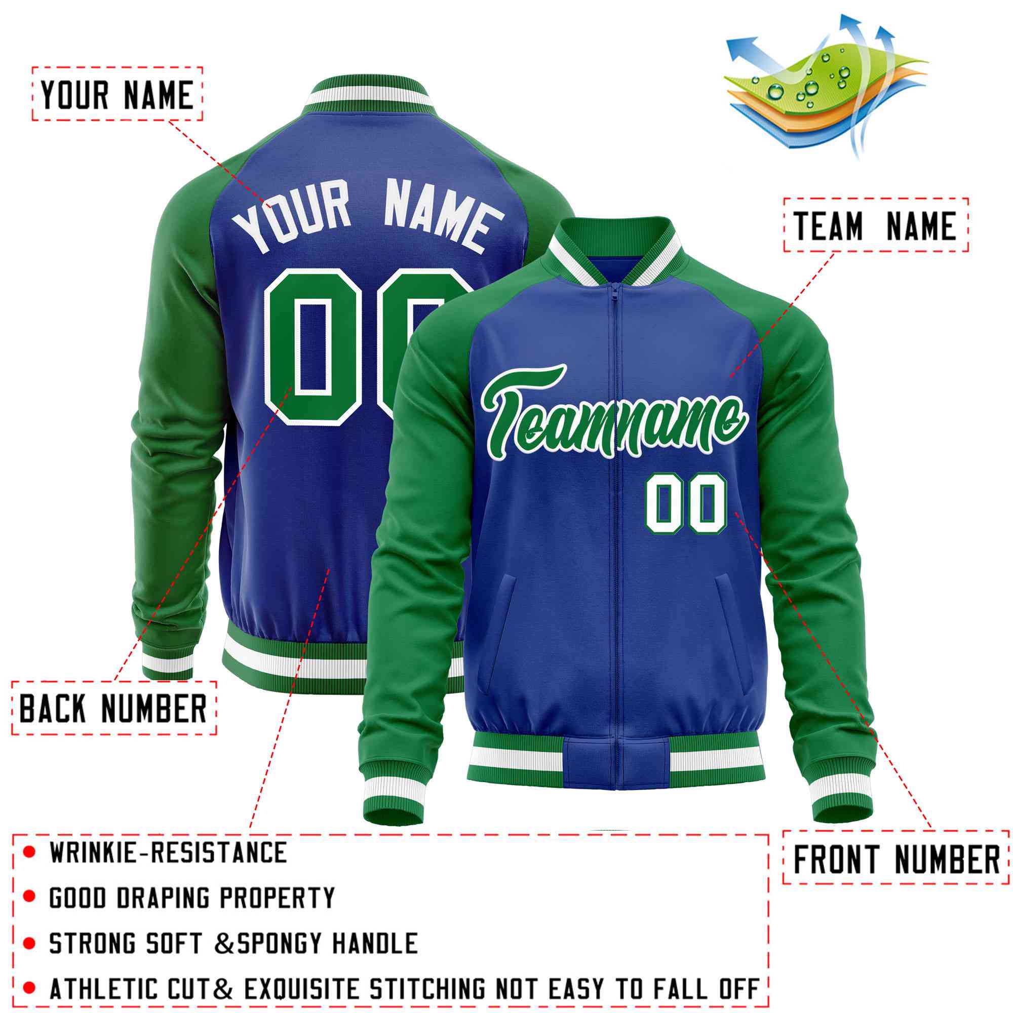 Custom Royal Kelly Green Varsity Full-Zip Raglan Sleeves Letterman Baseball Jacket