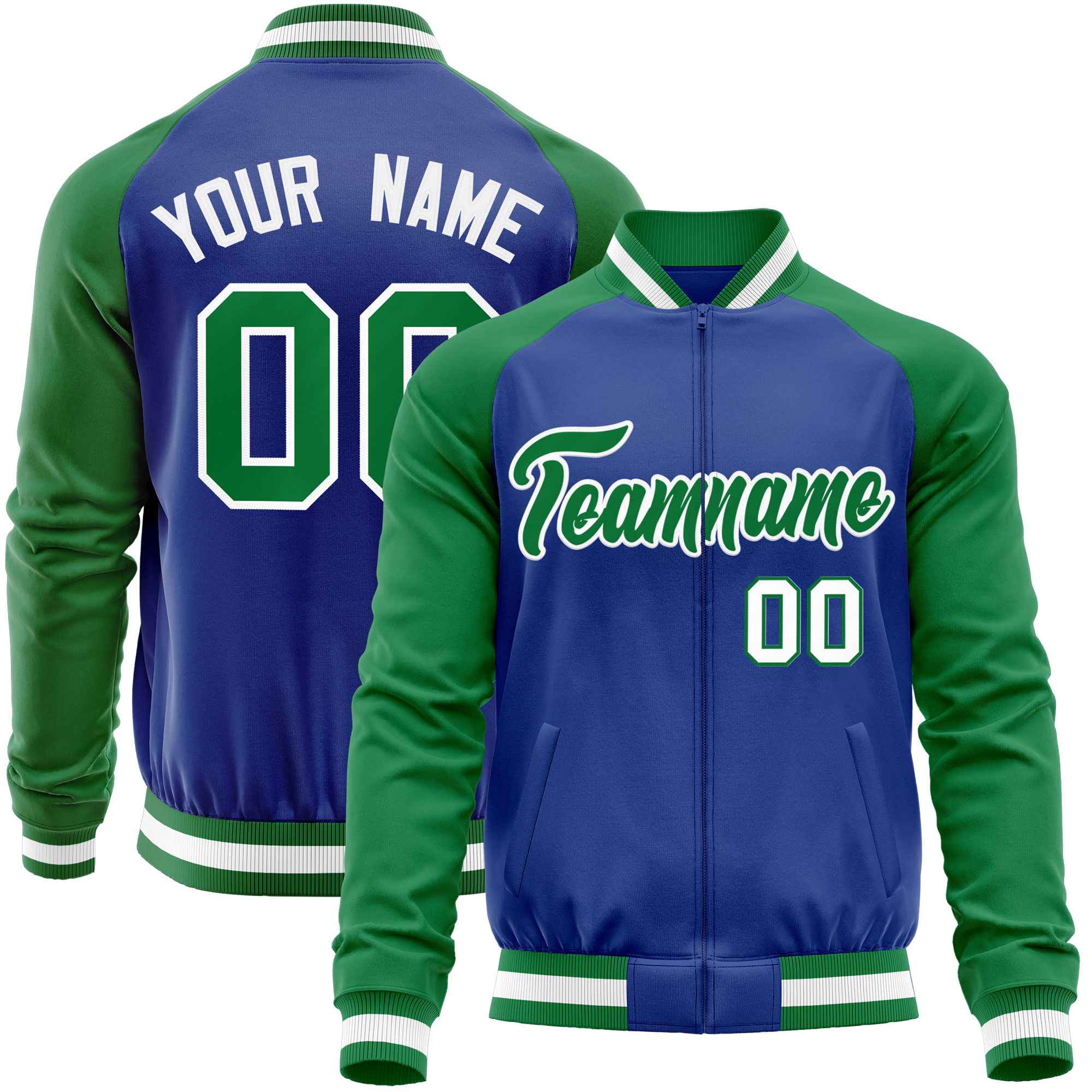 Custom Royal Kelly Green Varsity Full-Zip Raglan Sleeves Letterman Baseball Jacket