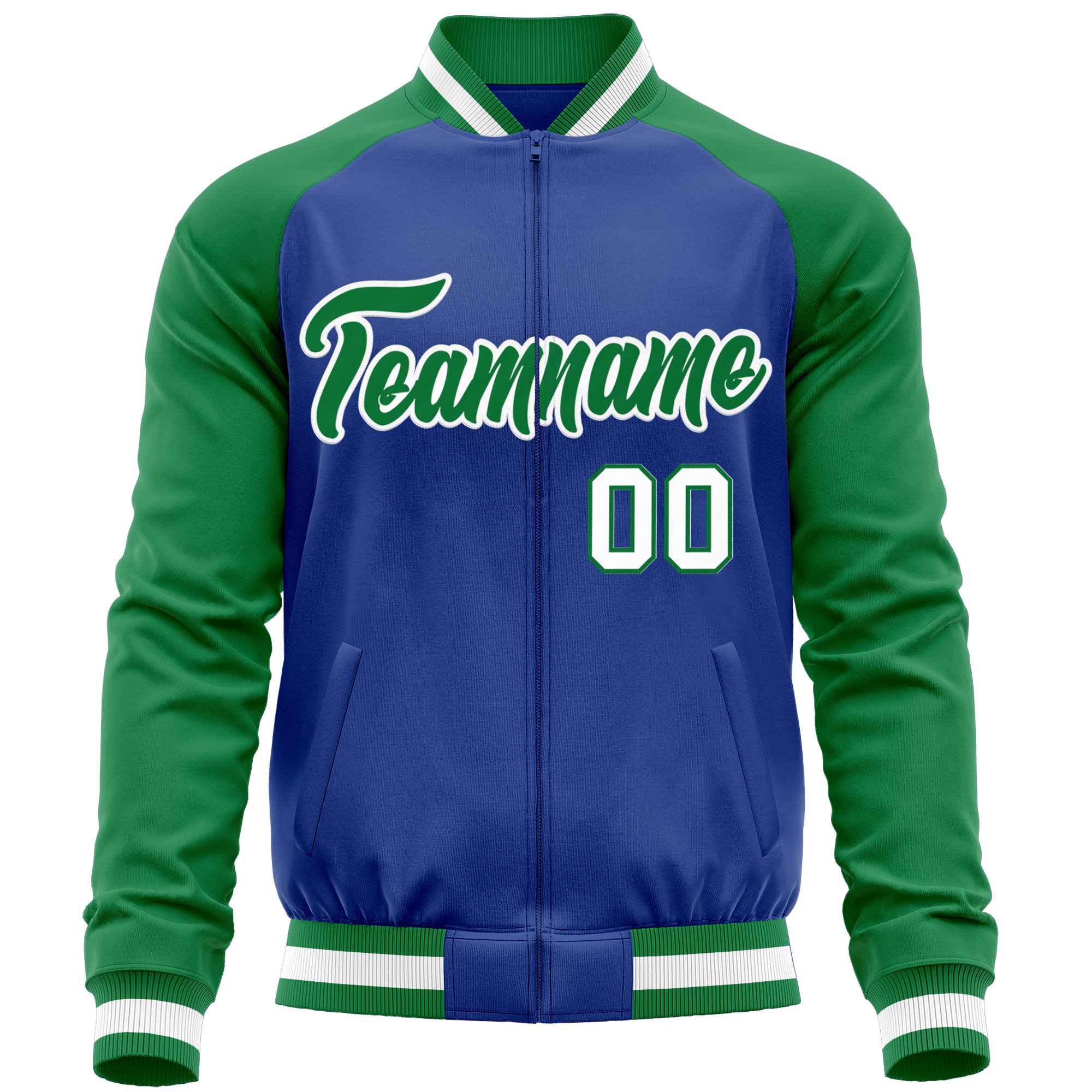 Custom Royal Kelly Green Varsity Full-Zip Raglan Sleeves Letterman Baseball Jacket