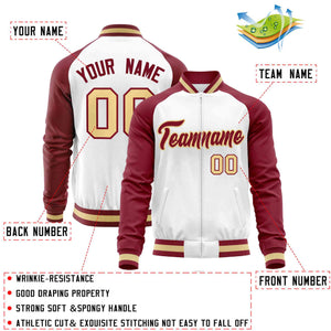 Custom White Crimson Varsity Full-Zip Raglan Sleeves Letterman Baseball Jacket