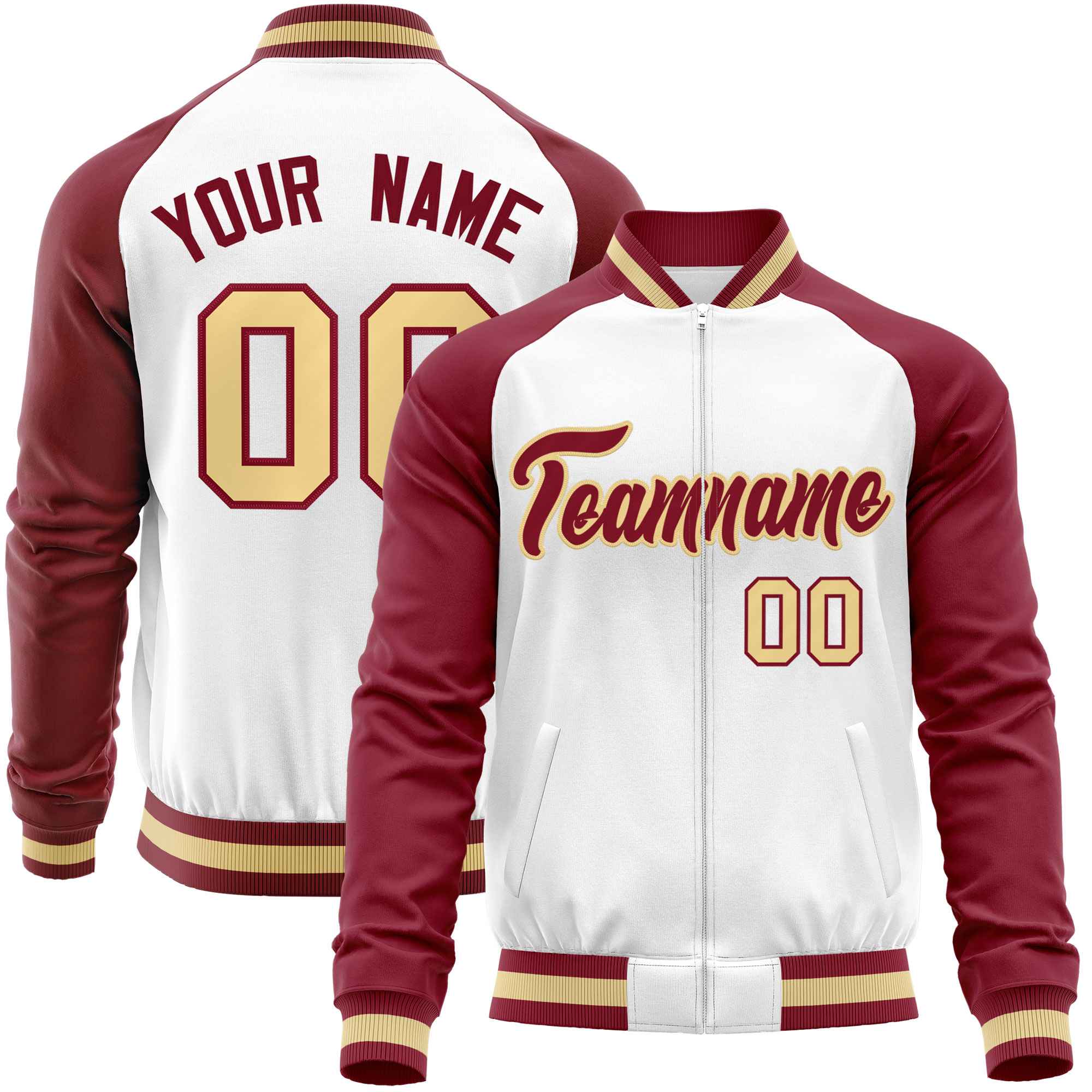 Custom White Crimson Varsity Full-Zip Raglan Sleeves Letterman Baseball Jacket