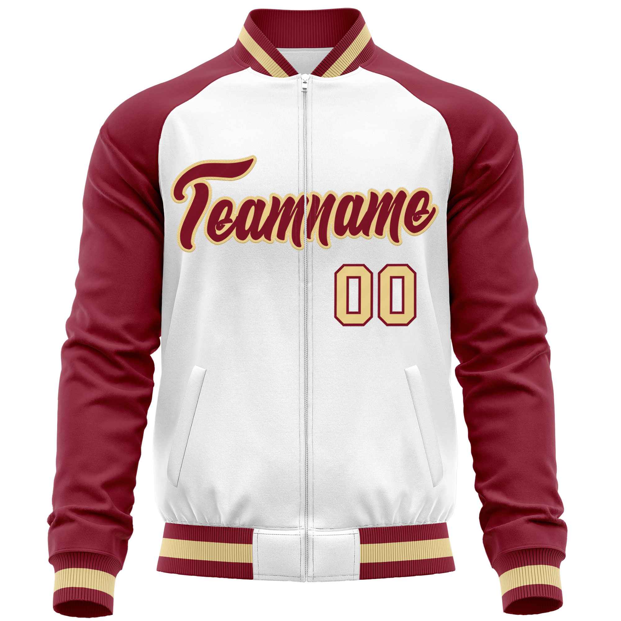 Custom White Crimson Varsity Full-Zip Raglan Sleeves Letterman Baseball Jacket