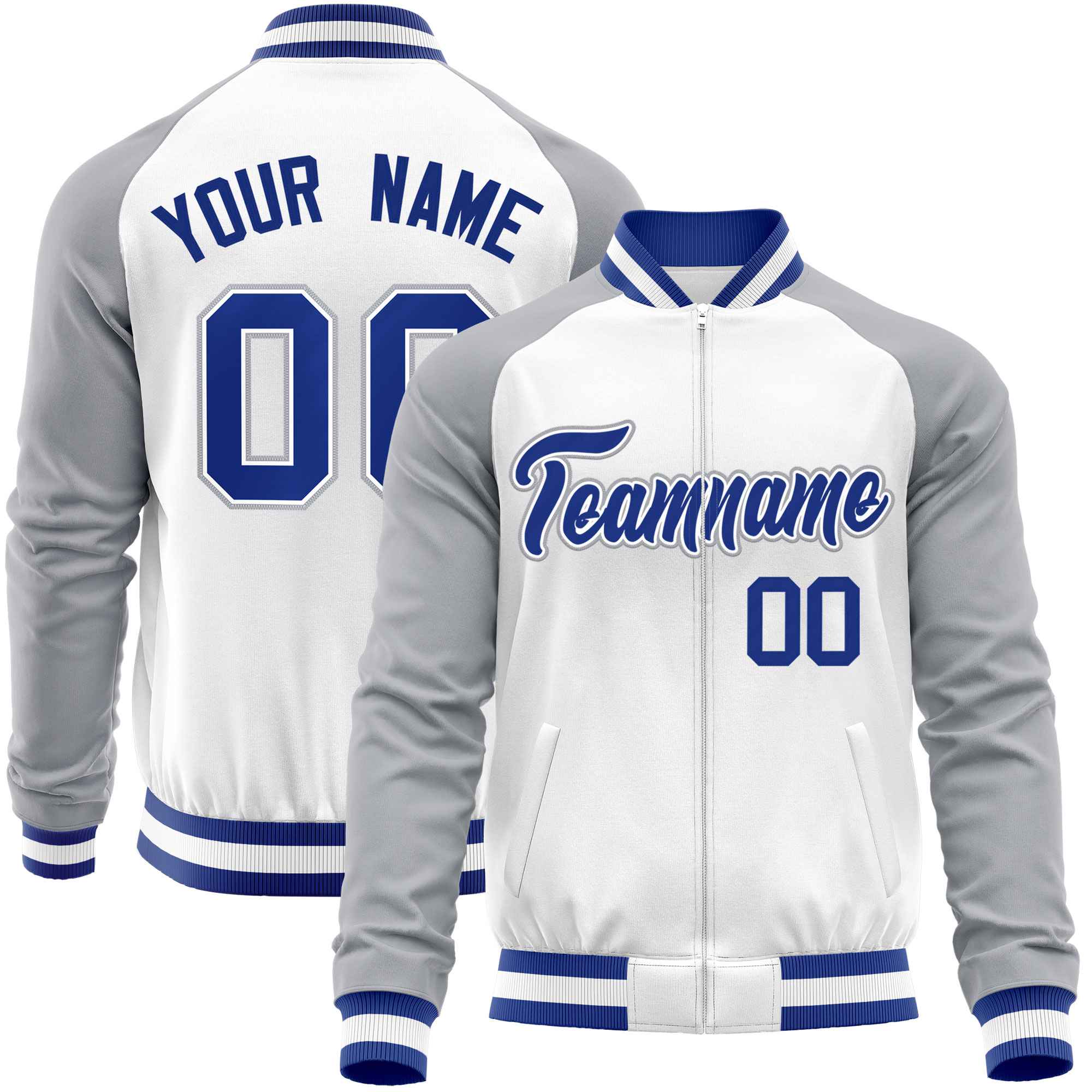 Custom White Gray Varsity Full-Zip Raglan Sleeves Letterman Baseball Jacket