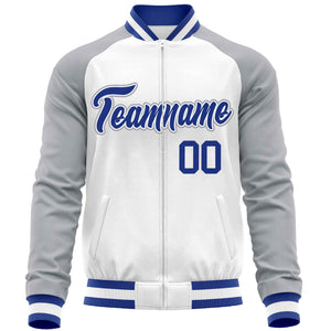 Custom White Gray Varsity Full-Zip Raglan Sleeves Letterman Baseball Jacket