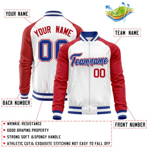 Custom White Red Varsity Full-Zip Raglan Sleeves Letterman Baseball Jacket