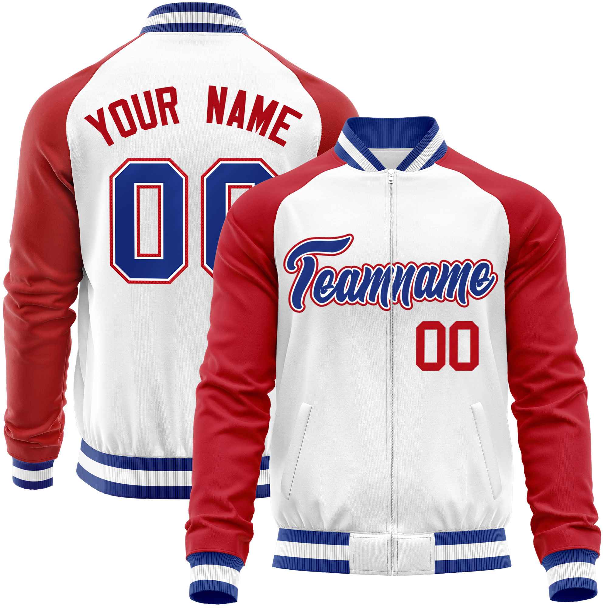 Custom White Red Varsity Full-Zip Raglan Sleeves Letterman Baseball Jacket