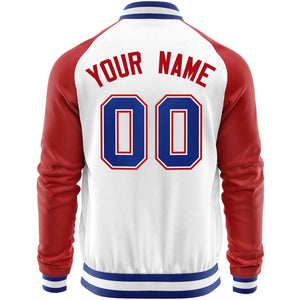 Custom White Red Varsity Full-Zip Raglan Sleeves Letterman Baseball Jacket