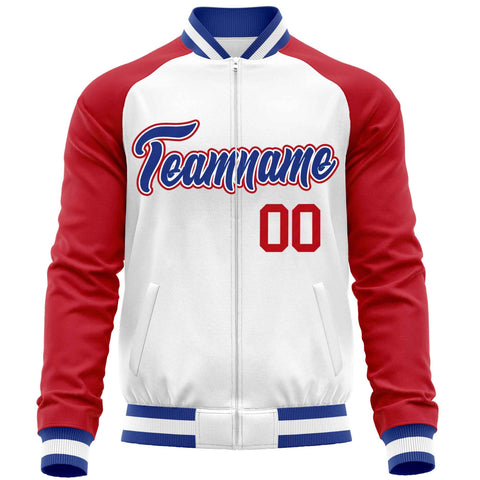 Custom White Red Varsity Full-Zip Raglan Sleeves Letterman Baseball Jacket