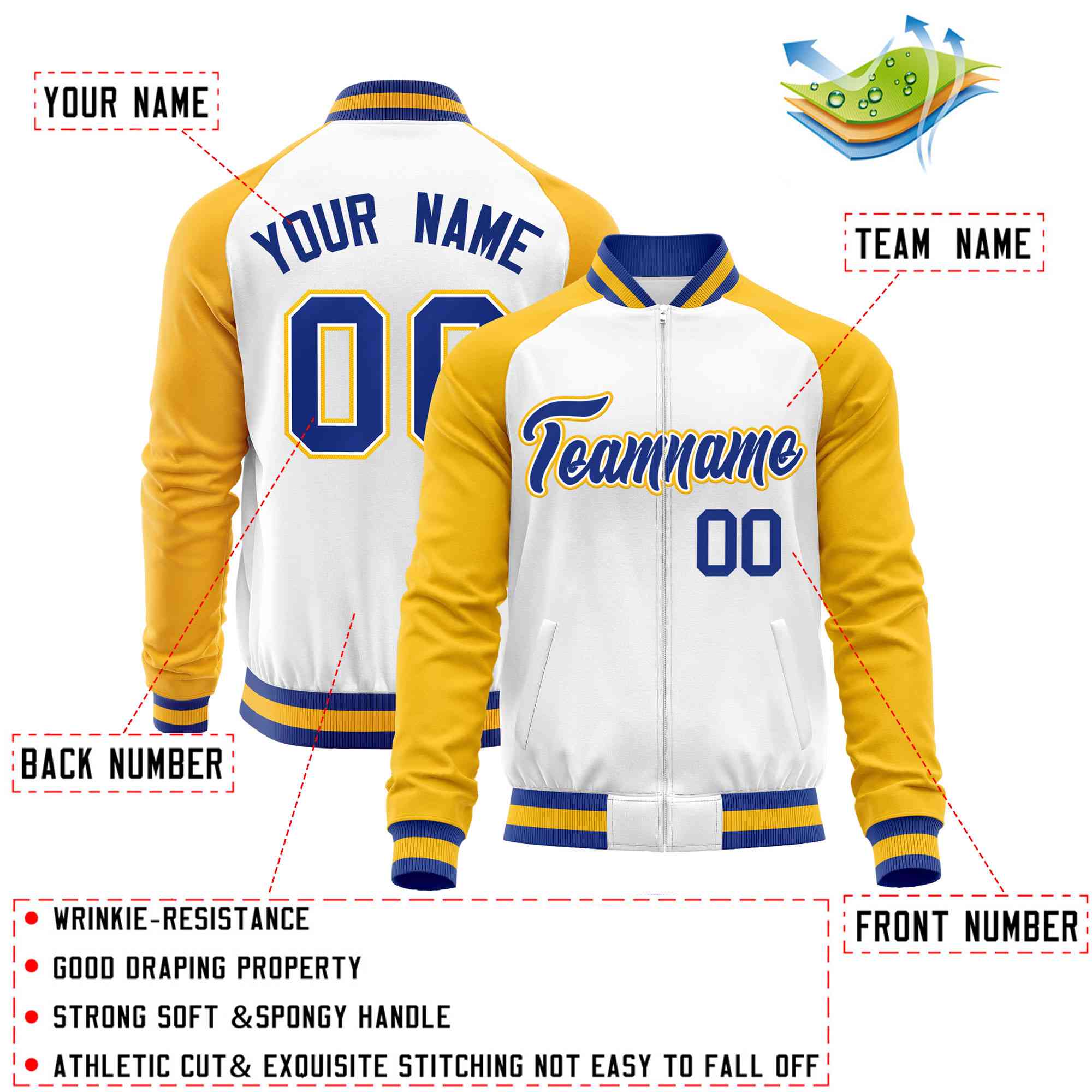 Custom White Yellow Varsity Full-Zip Raglan Sleeves Letterman Baseball Jacket