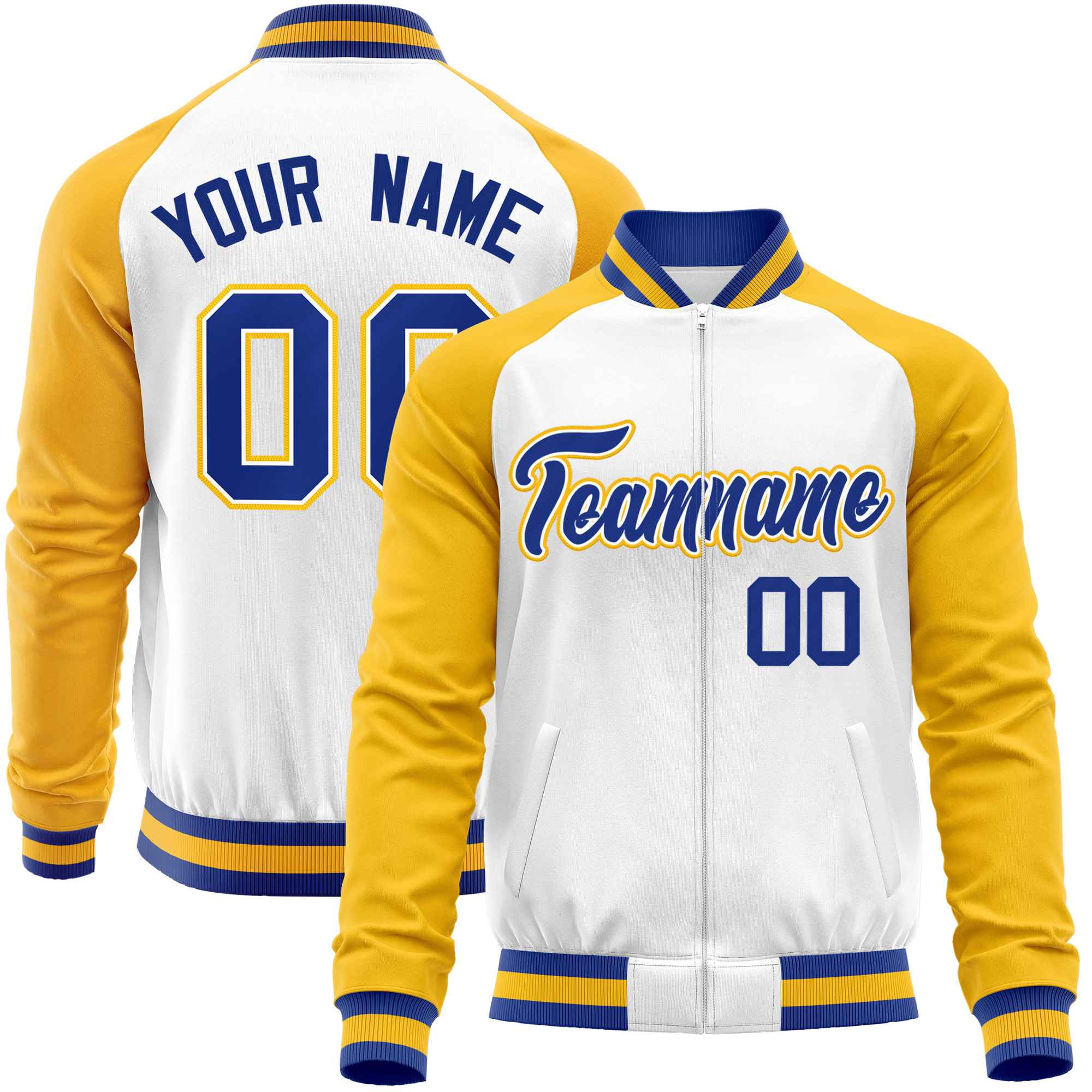 Custom White Yellow Varsity Full-Zip Raglan Sleeves Letterman Baseball Jacket