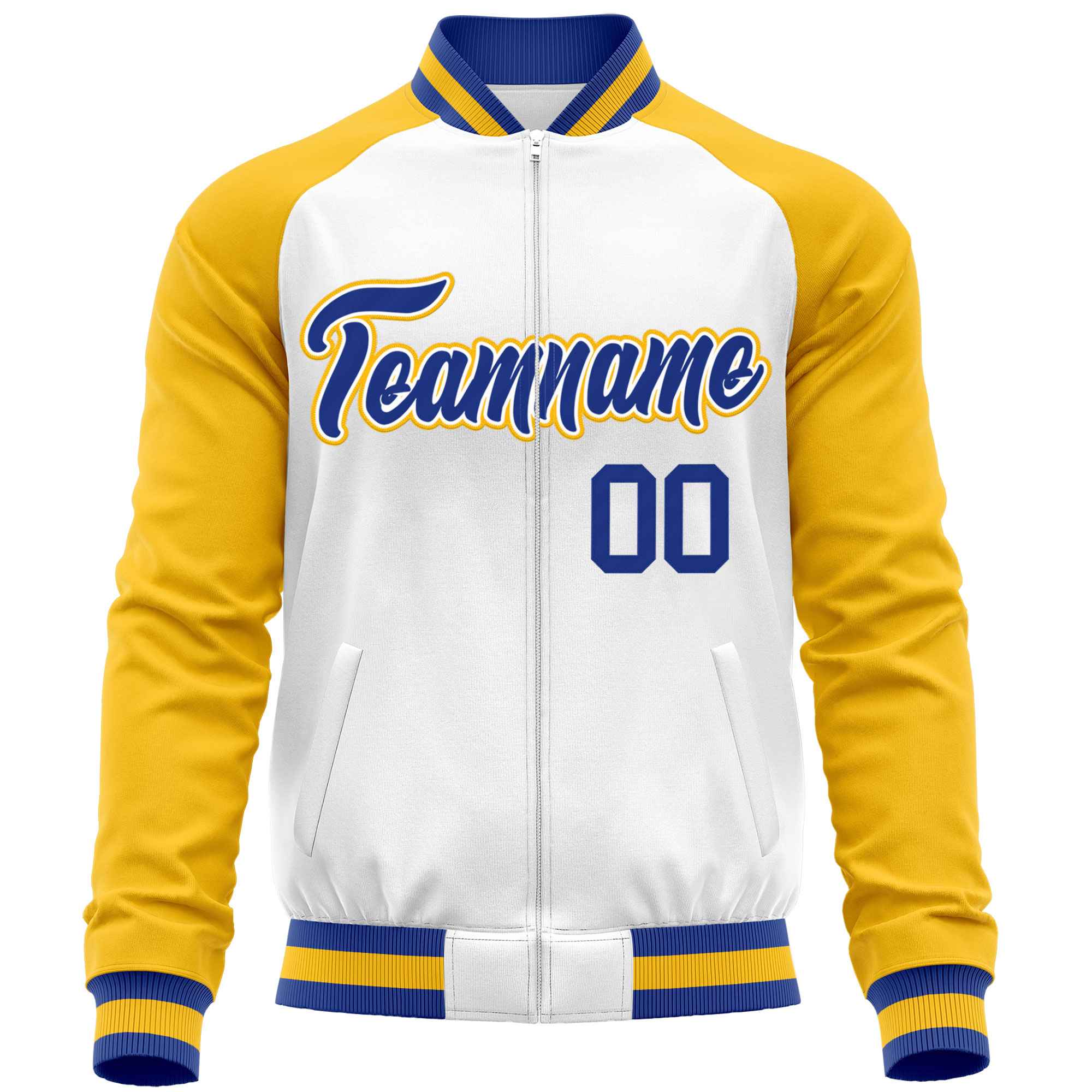 Custom White Yellow Varsity Full-Zip Raglan Sleeves Letterman Baseball Jacket