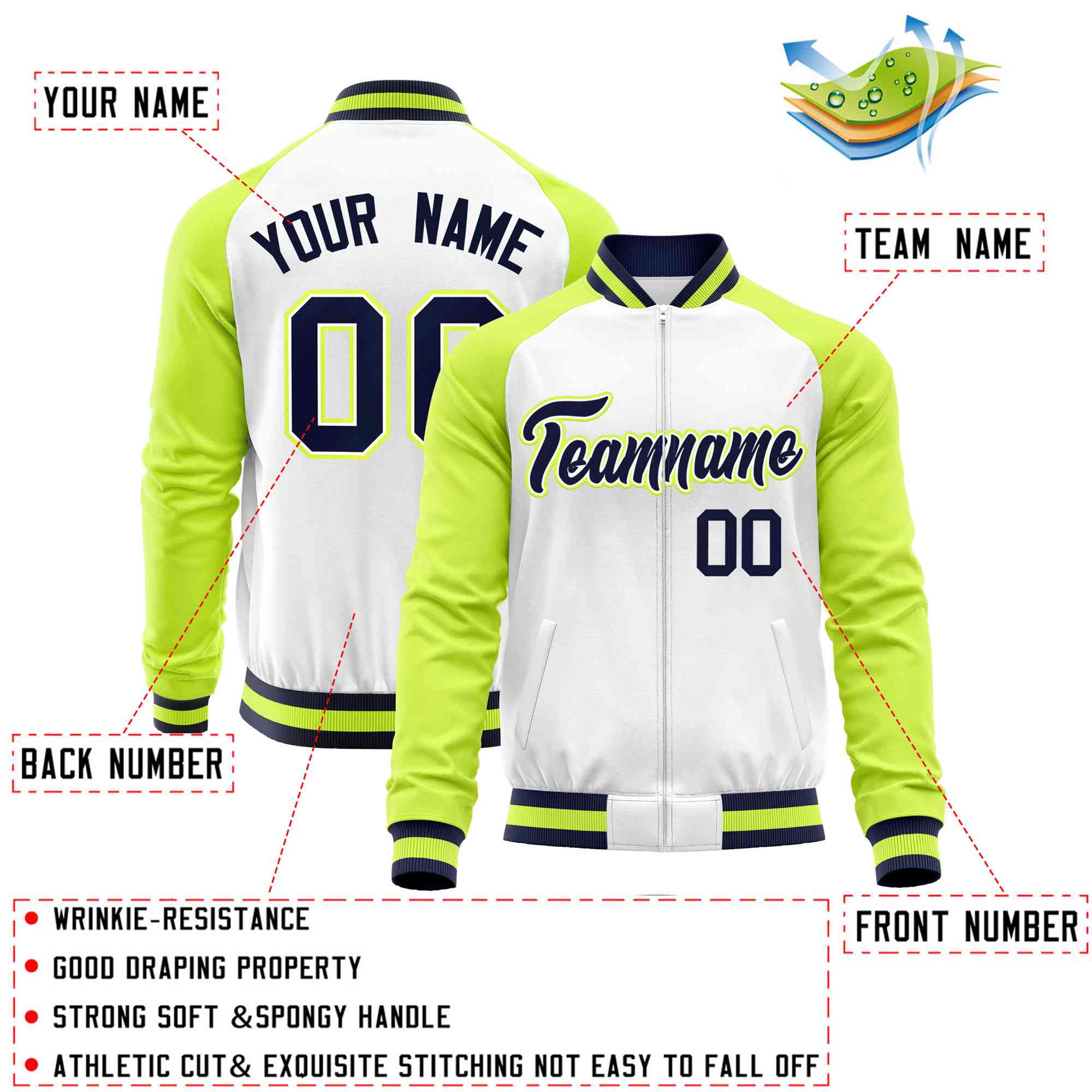 Custom White Neon Green Varsity Full-Zip Raglan Sleeves Letterman Baseball Jacket