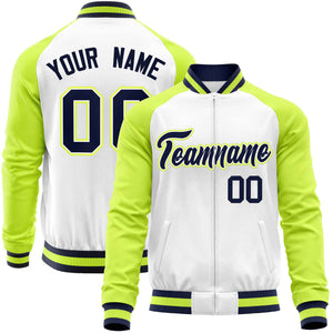 Custom White Neon Green Varsity Full-Zip Raglan Sleeves Letterman Baseball Jacket